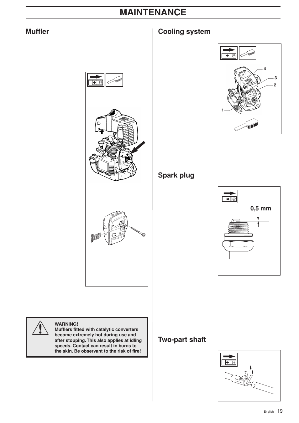 Maintenance, Cooling system, Muffler | Spark plug, Two-part shaft | Husqvarna 322 L User Manual | Page 19 / 36
