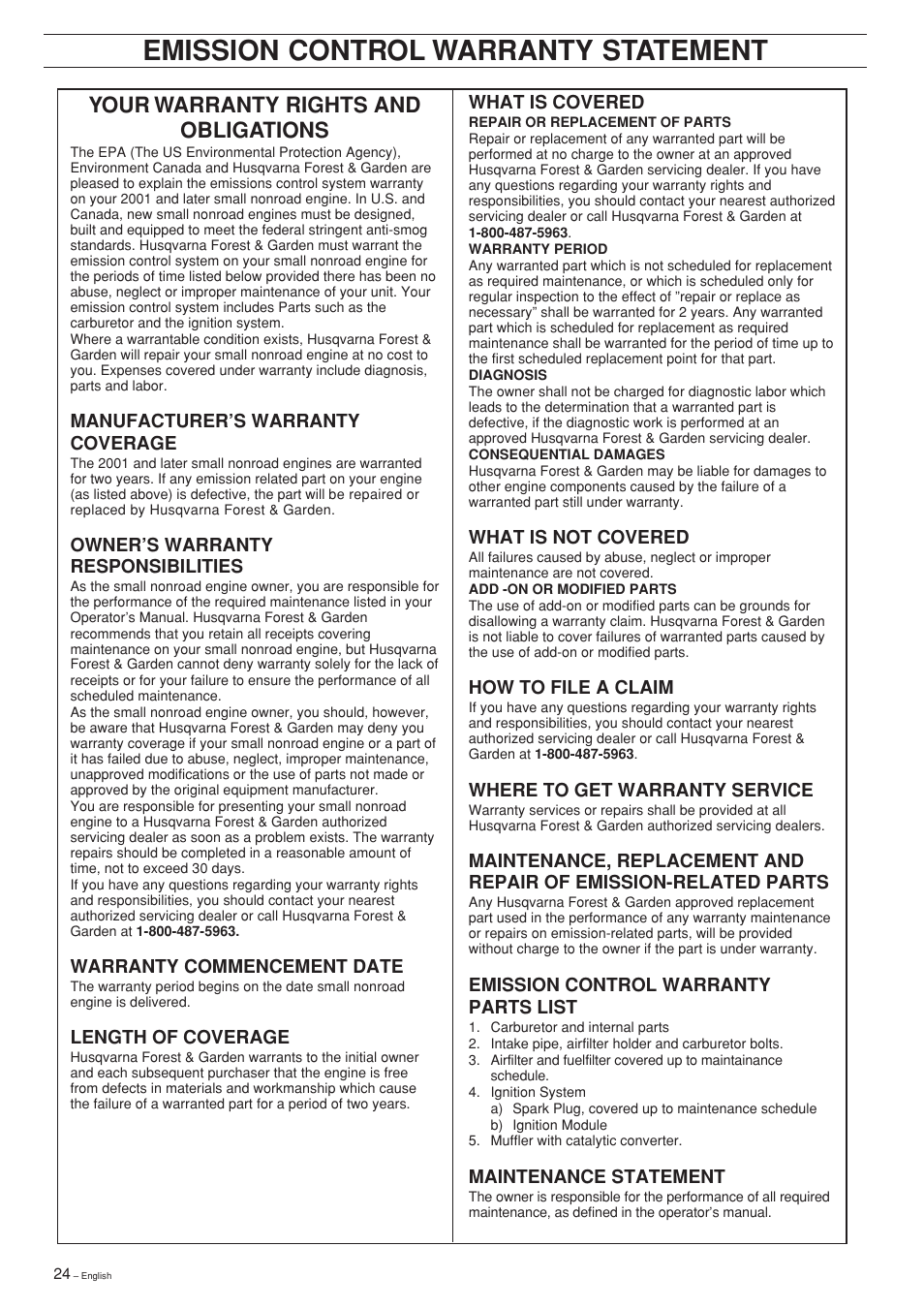 Emission control warranty statement, Your warranty rights and obligations | Husqvarna 322 L User Manual | Page 24 / 36