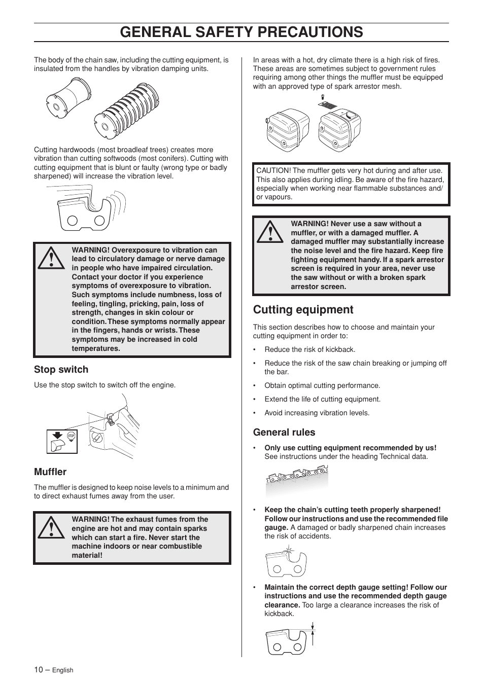 Stop switch, Muffler, Cutting equipment | General rules, General safety precautions | Husqvarna 340 User Manual | Page 10 / 44