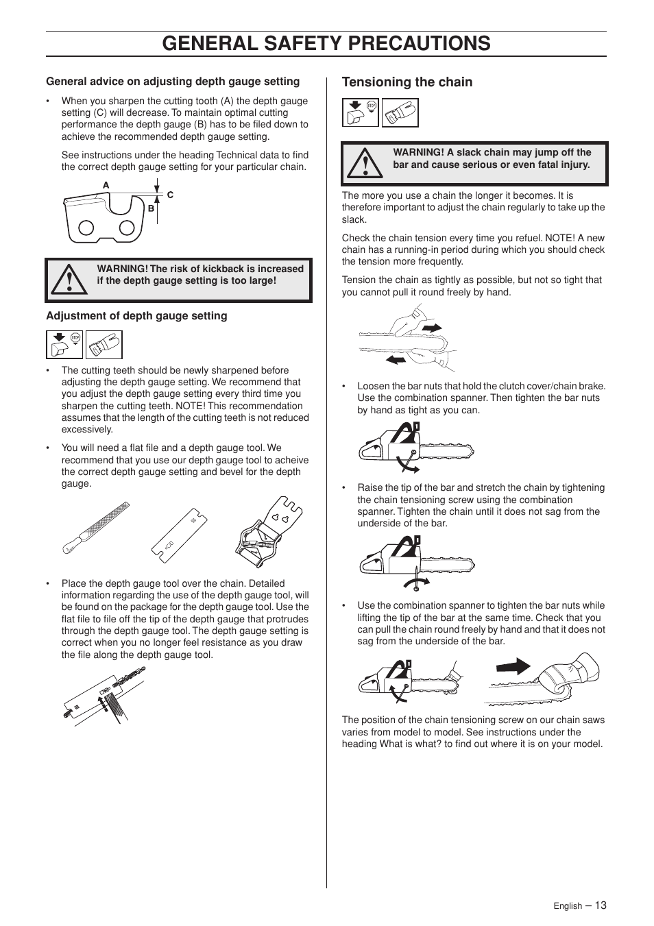 Tensioning the chain, General safety precautions | Husqvarna 340 User Manual | Page 13 / 44