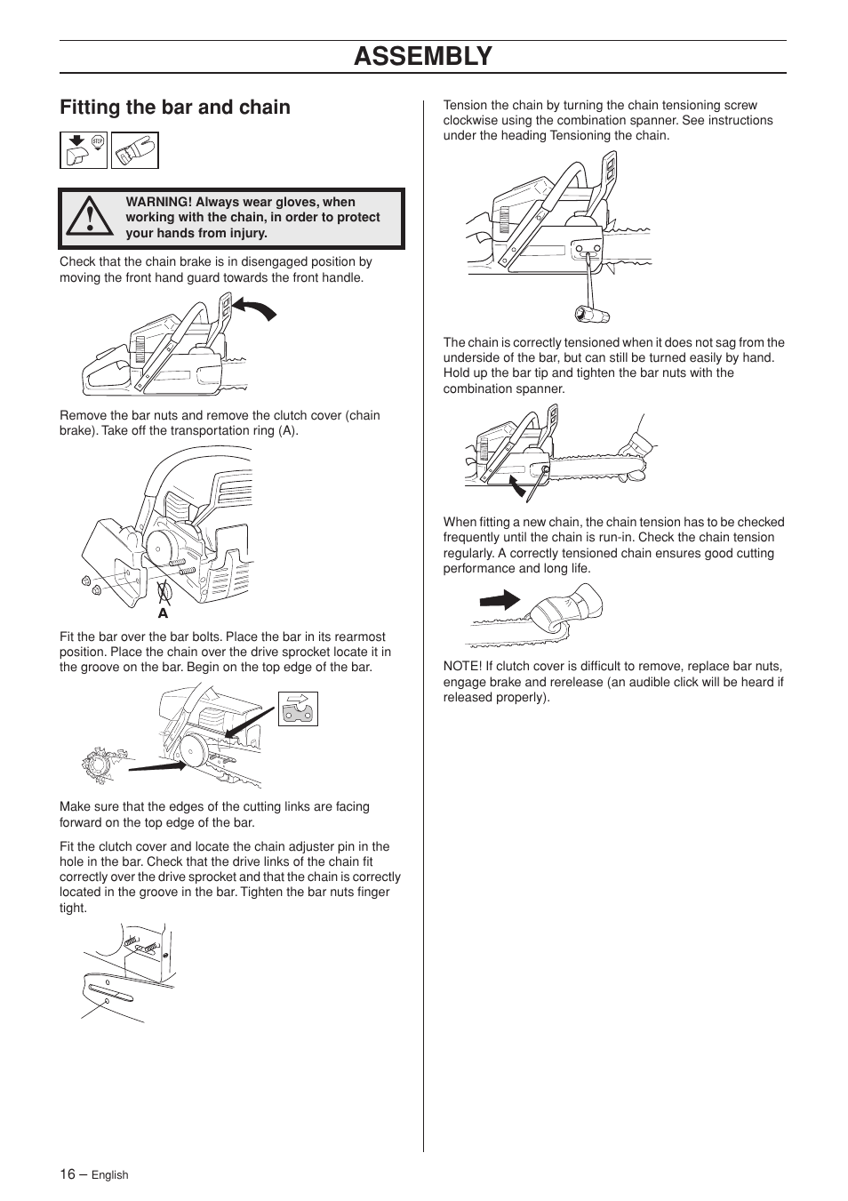 Fitting the bar and chain, Assembly | Husqvarna 340 User Manual | Page 16 / 44