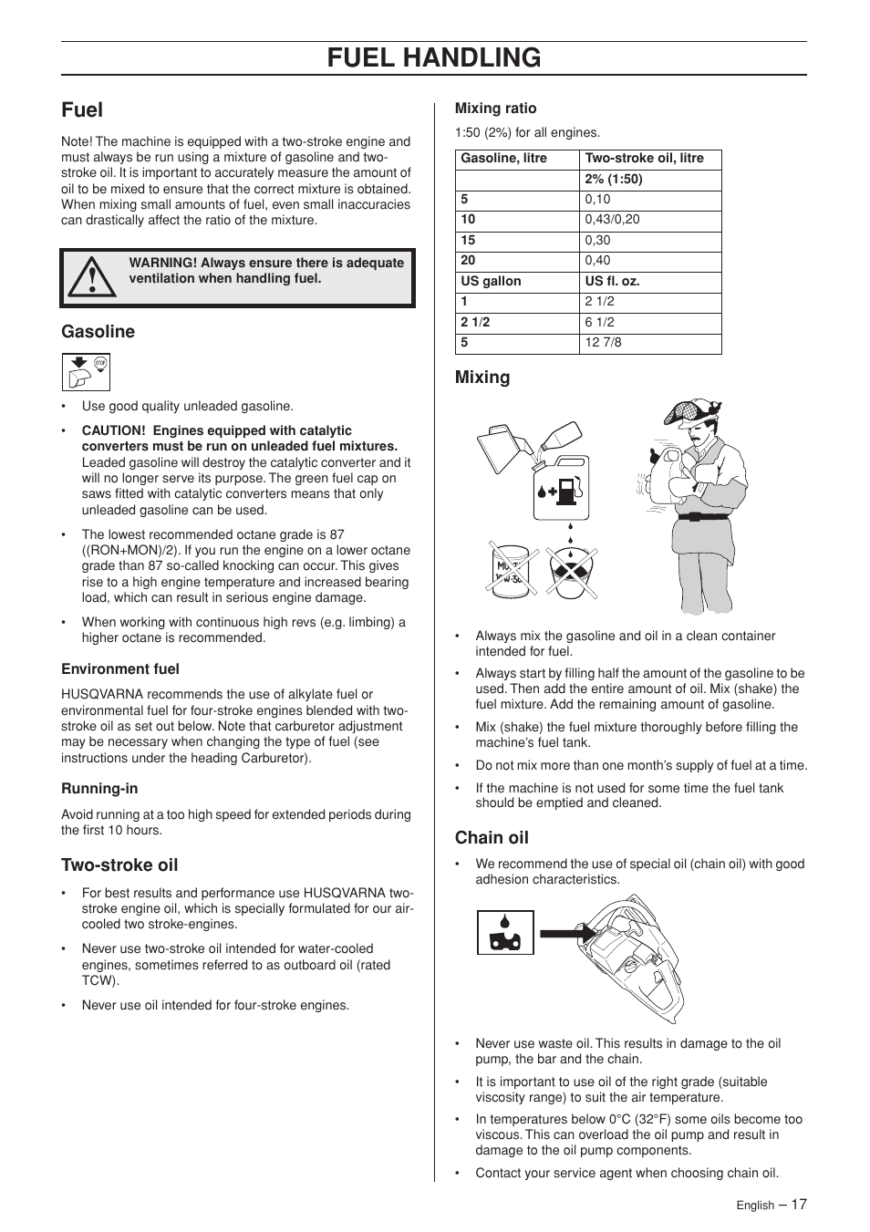 Fuel, Gasoline, Two-stroke oil | Mixing, Chain oil, Fuel handling | Husqvarna 340 User Manual | Page 17 / 44