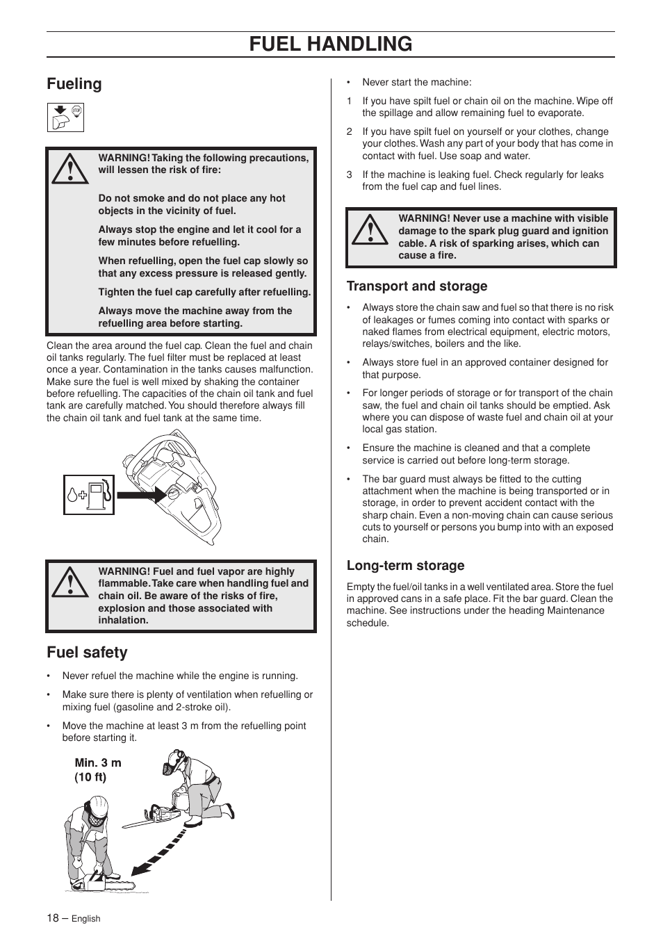 Fueling, Fuel safety, Transport and storage | Long-term storage, Fuel handling | Husqvarna 340 User Manual | Page 18 / 44