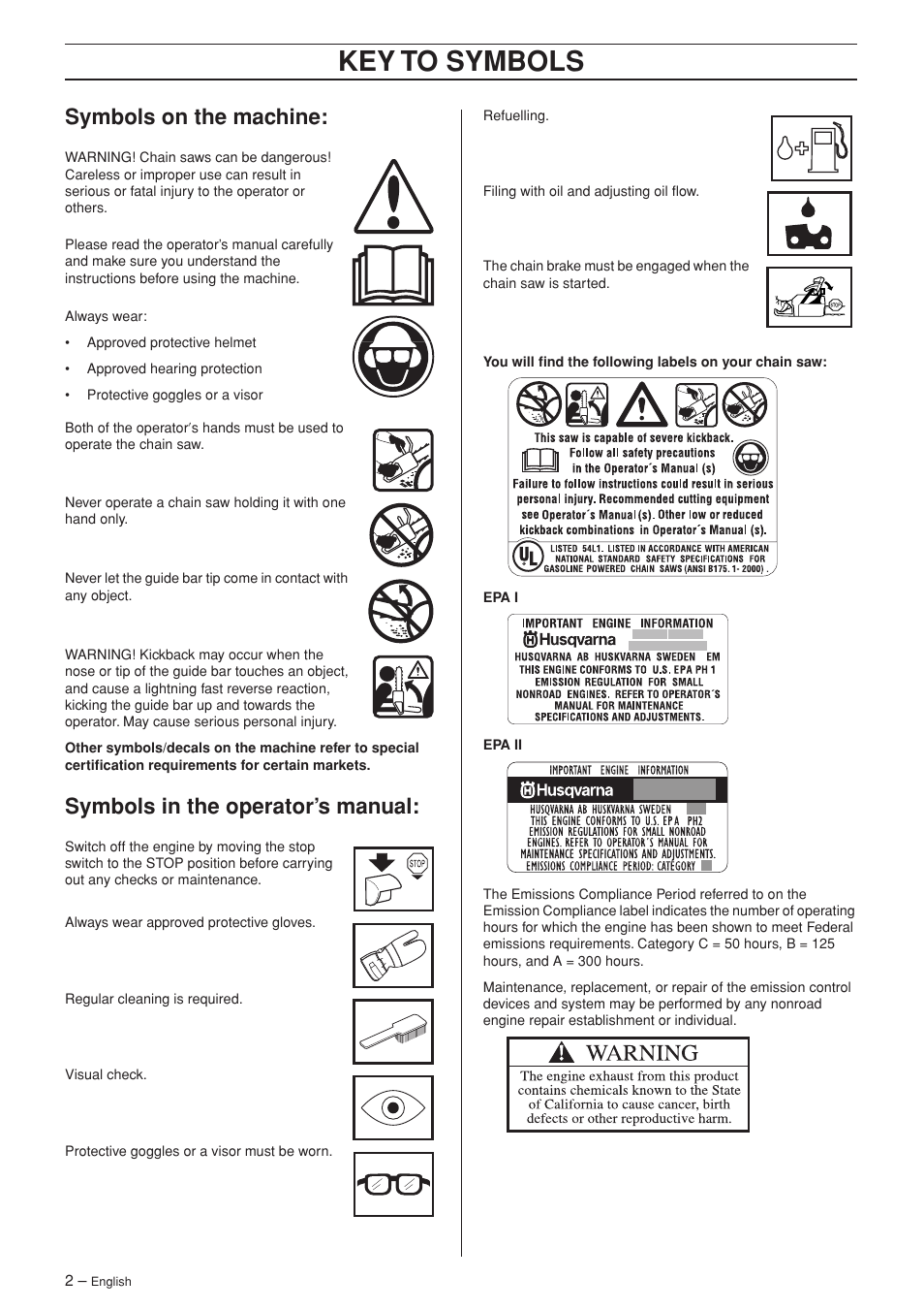 Symbols on the machine, Symbols in the operator’s manual, Key t o symbols | Symbols on the mac hine, Symbols in the operator’ s manual | Husqvarna 340 User Manual | Page 2 / 44