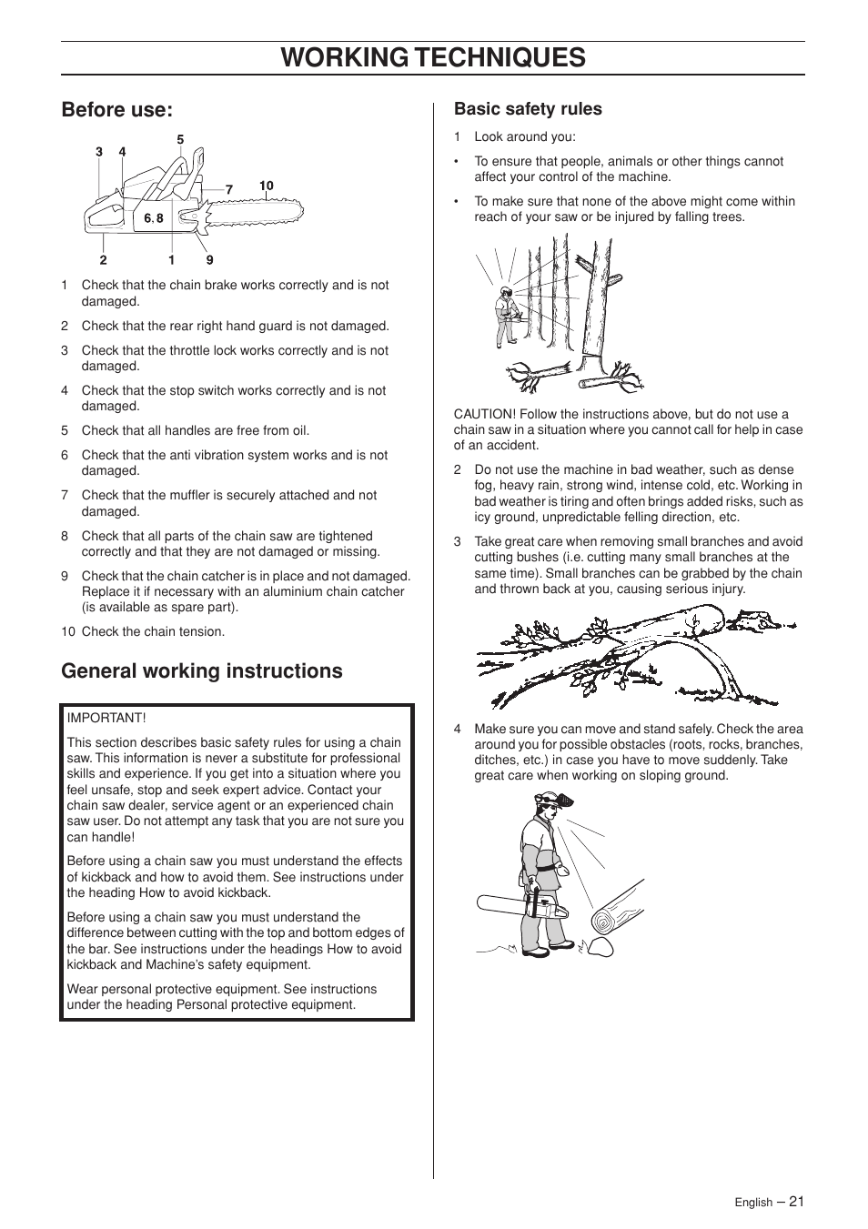 Before use, General working instructions, Basic safety rules | Working techniques | Husqvarna 340 User Manual | Page 21 / 44