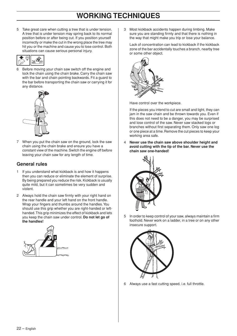 General rules, Working techniques | Husqvarna 340 User Manual | Page 22 / 44