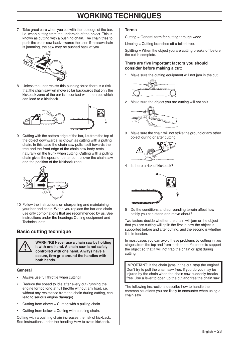 Basic cutting technique, Working techniques | Husqvarna 340 User Manual | Page 23 / 44