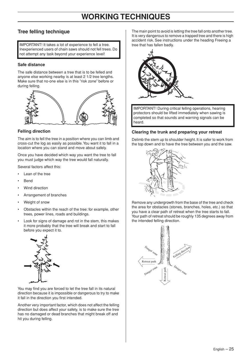 Tree felling technique, Working techniques | Husqvarna 340 User Manual | Page 25 / 44