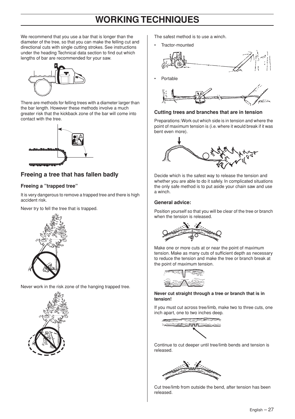 Freeing a tree that has fallen badly, Working techniques | Husqvarna 340 User Manual | Page 27 / 44