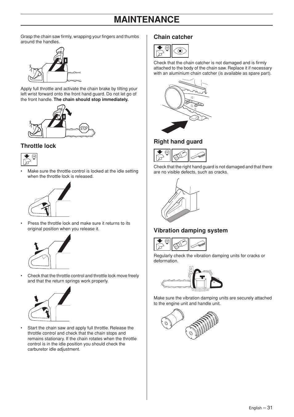 Throttle lock, Chain catcher, Right hand guard | Vibration damping system, Maintenance | Husqvarna 340 User Manual | Page 31 / 44