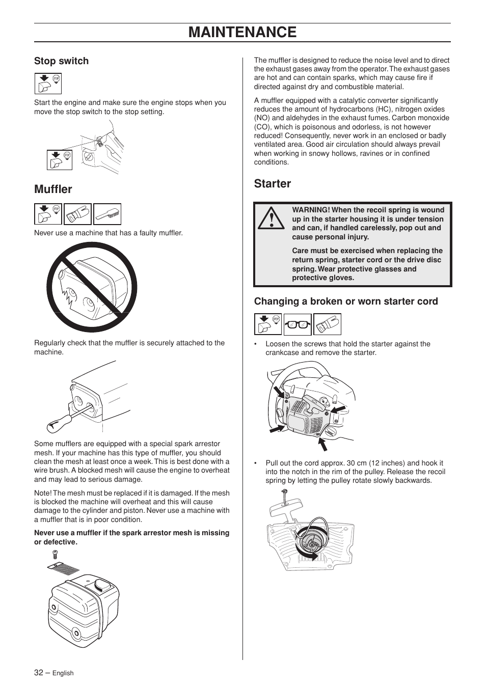 Stop switch, Muffler, Starter | Changing a broken or worn starter cord, Maintenance | Husqvarna 340 User Manual | Page 32 / 44