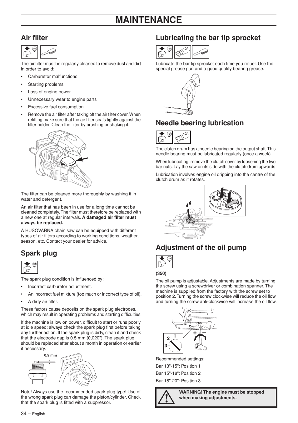 Air filter, Spark plug, Lubricating the bar tip sprocket | Needle bearing lubrication, Adjustment of the oil pump, Maintenance | Husqvarna 340 User Manual | Page 34 / 44