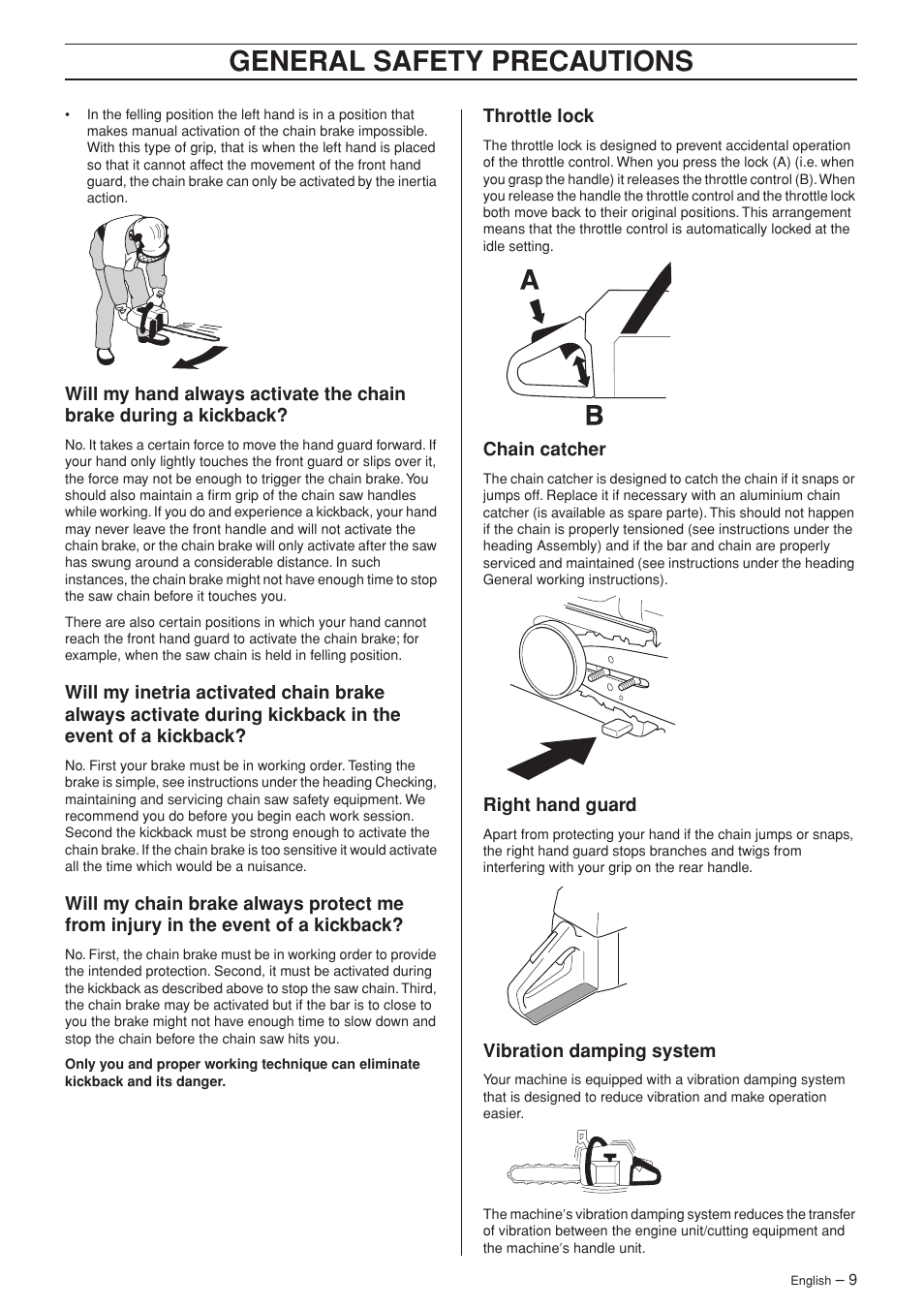 Throttle lock, Chain catcher, Right hand guard | Vibration damping system, General safety preca utions | Husqvarna 340 User Manual | Page 9 / 44