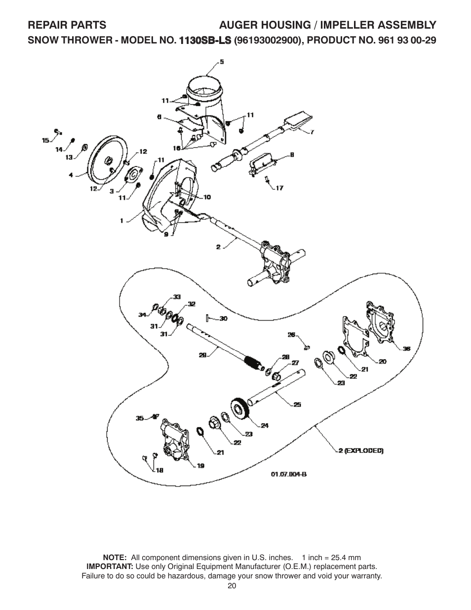Repair parts, Auger housing / impeller assembly | Husqvarna 1130SB-LS User Manual | Page 20 / 44