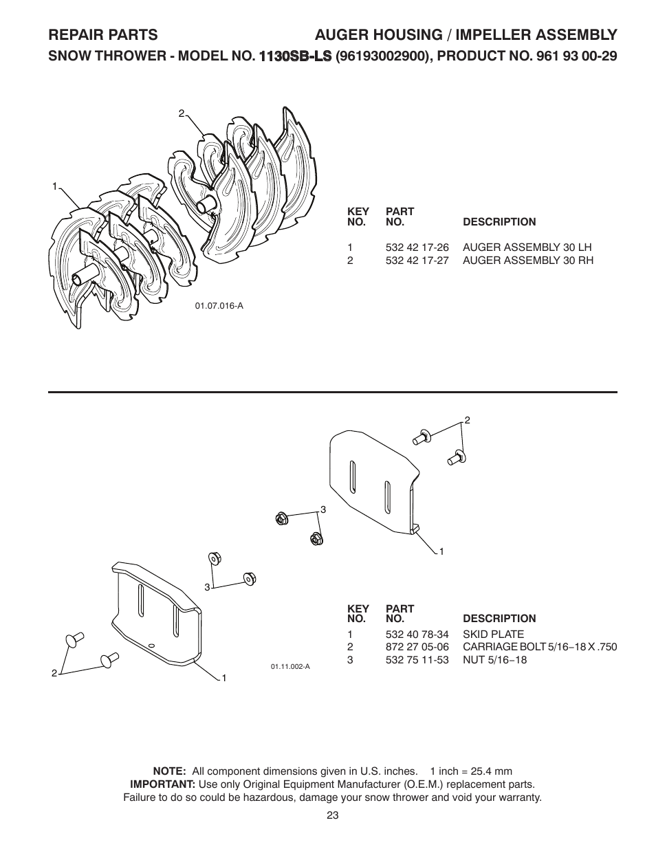 Repair parts auger housing / impeller assembly | Husqvarna 1130SB-LS User Manual | Page 23 / 44