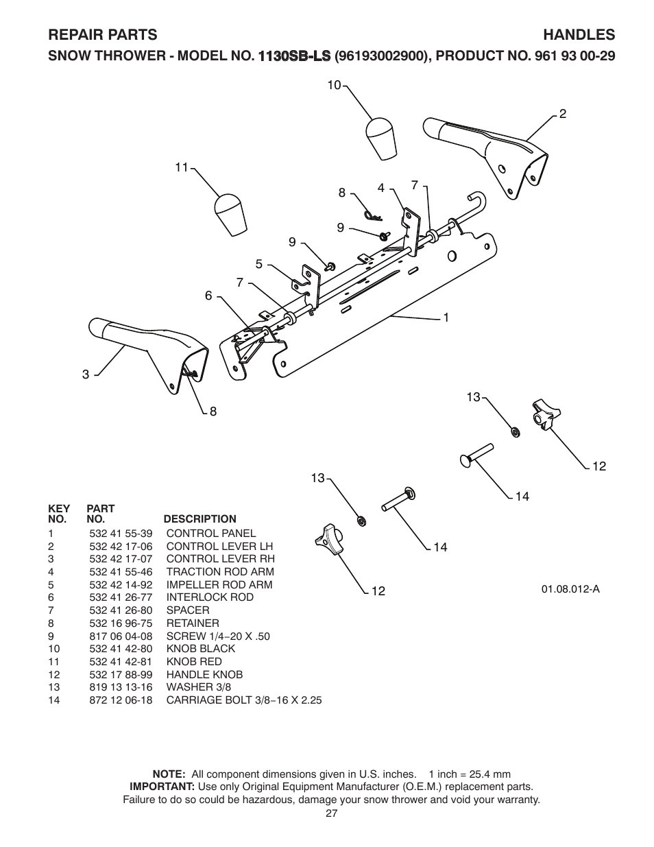 Handles, Repair parts handles | Husqvarna 1130SB-LS User Manual | Page 27 / 44