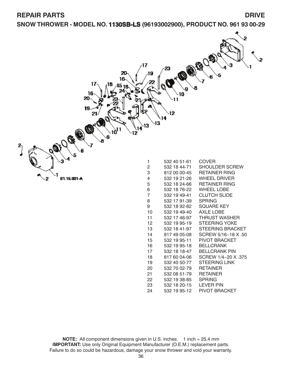 Repair parts drive | Husqvarna 1130SB-LS User Manual | Page 36 / 44