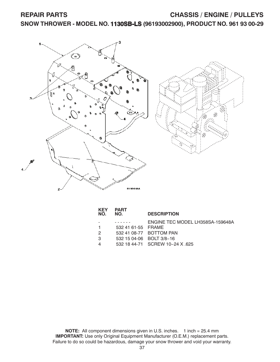 Chassis / engine / pulleys, Repair parts chassis / engine / pulleys | Husqvarna 1130SB-LS User Manual | Page 37 / 44