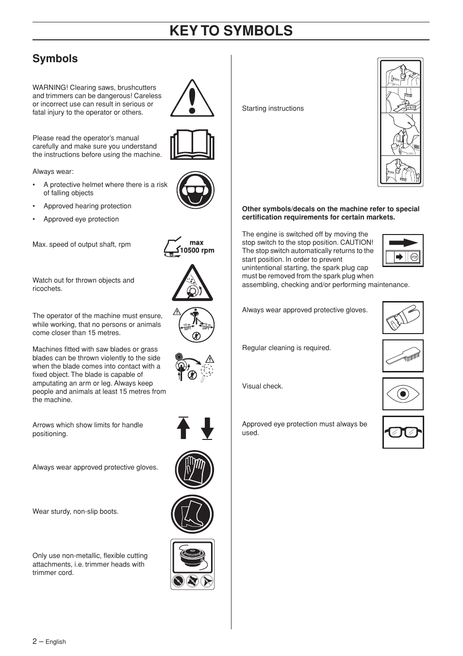 Symbols, Key t o symbols | Husqvarna 335RJ User Manual | Page 2 / 36