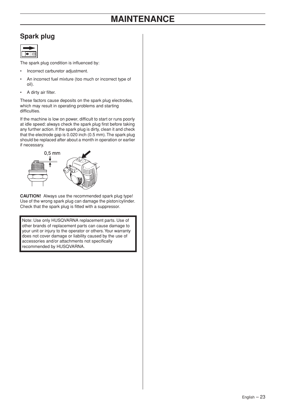 Spark plug, Maintenance | Husqvarna 335RJ User Manual | Page 23 / 36