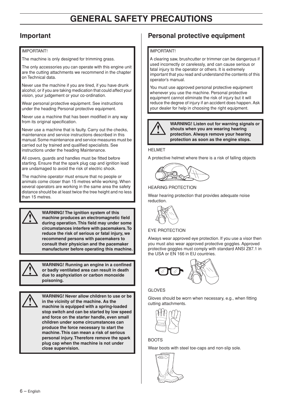 Important, Personal protective equipment, General safety preca utions | Impor tant personal protective equipment | Husqvarna 335RJ User Manual | Page 6 / 36