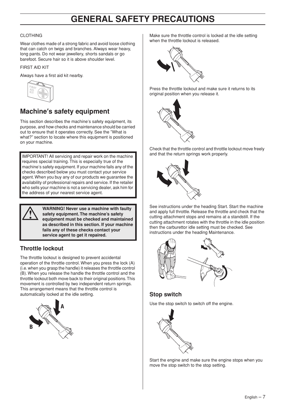 Machine¢s safety equipment, Throttle lockout, Stop switch | General safety preca utions, Mac hine ′′′′ s safety equipment | Husqvarna 335RJ User Manual | Page 7 / 36