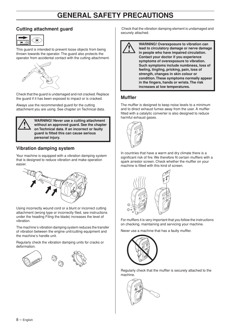 Cutting attachment guard, Vibration damping system, Muffler | General safety precautions | Husqvarna 335RJ User Manual | Page 8 / 36