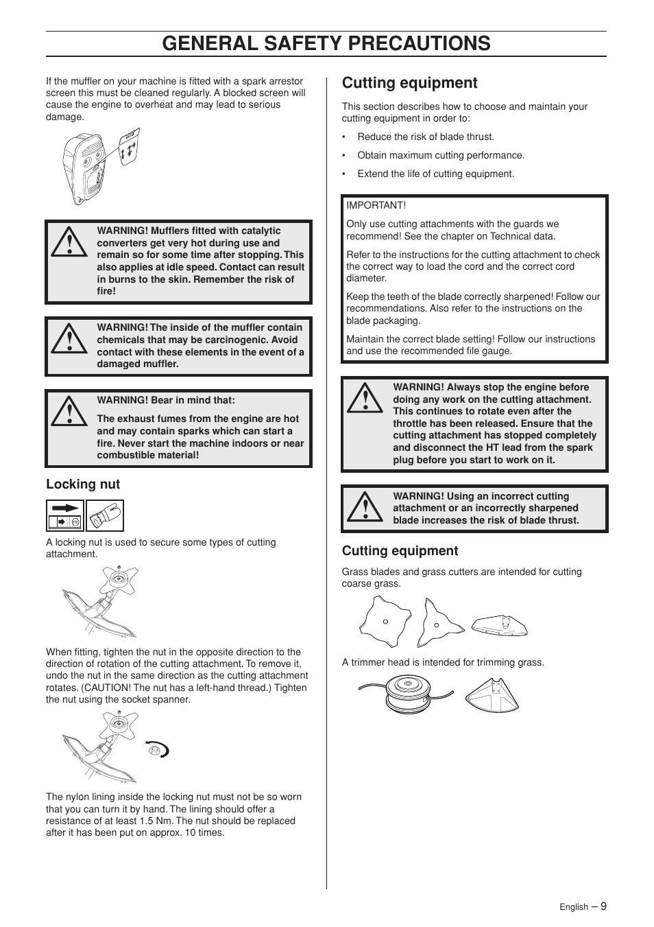 Locking nut, Cutting equipment, General safety precautions | Husqvarna 335RJ User Manual | Page 9 / 36