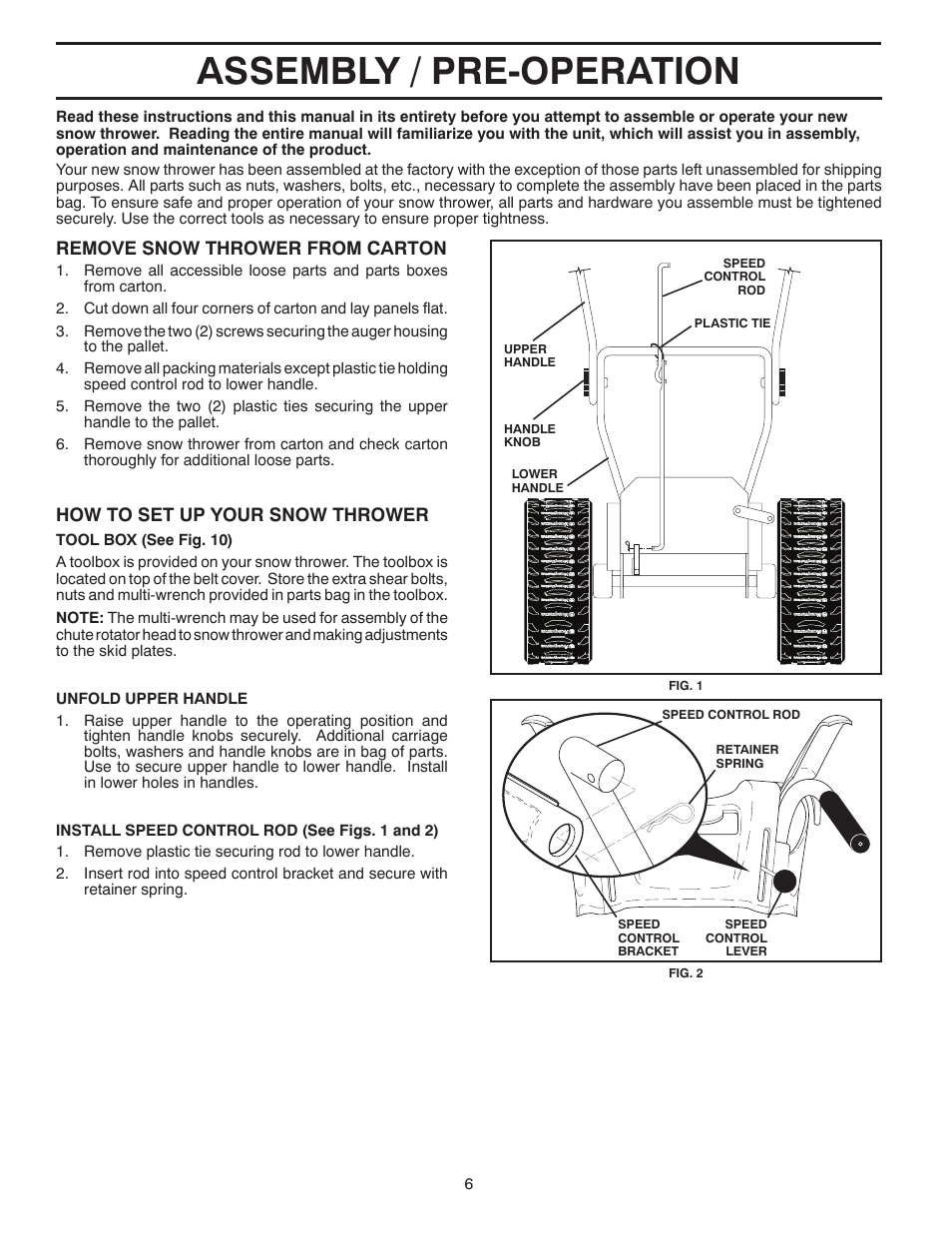 Assembly / pre-operation, Remove snow thrower from car ton, How to set up your snow thrower | Husqvarna 1827EXLT User Manual | Page 6 / 28