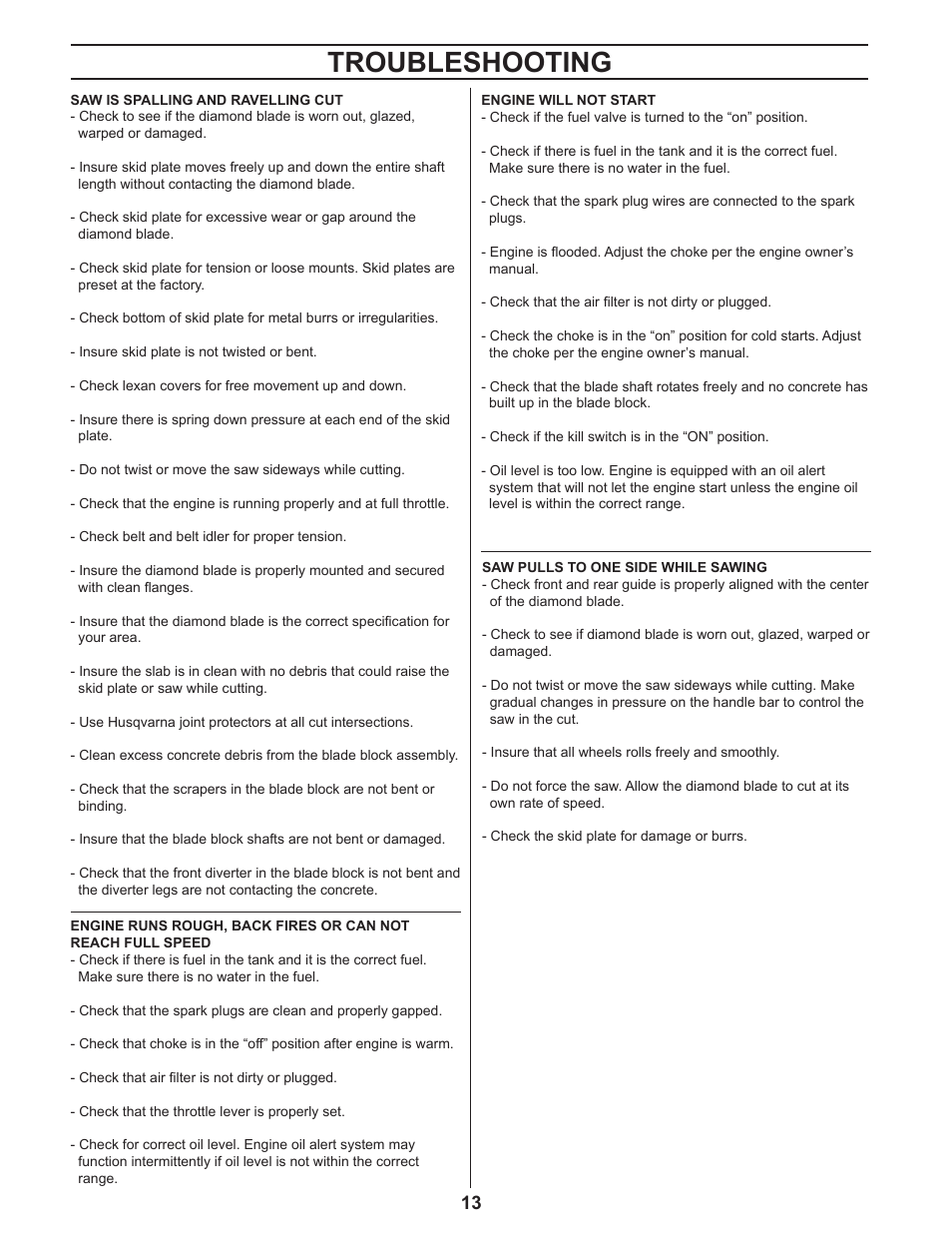 Troubleshooting | Husqvarna 450 User Manual | Page 13 / 16