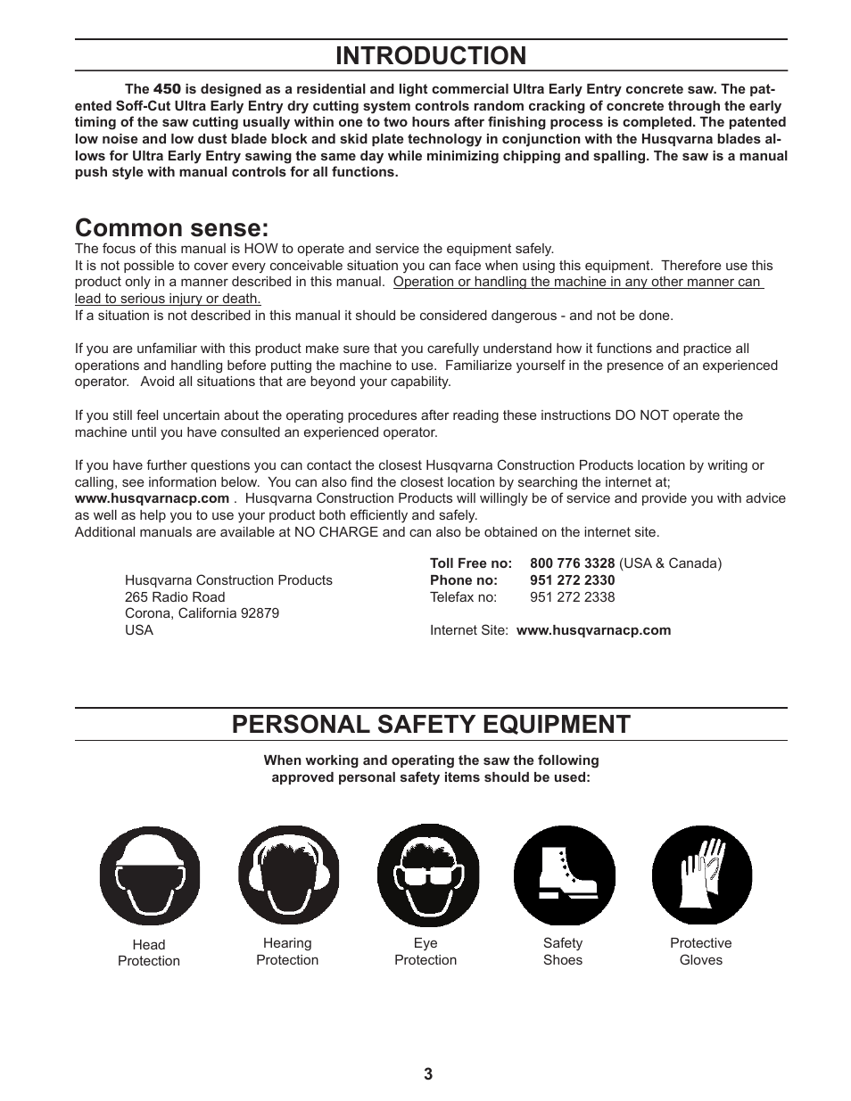 Introduction, Personal safety equipment, Common sense | Husqvarna 450 User Manual | Page 3 / 16