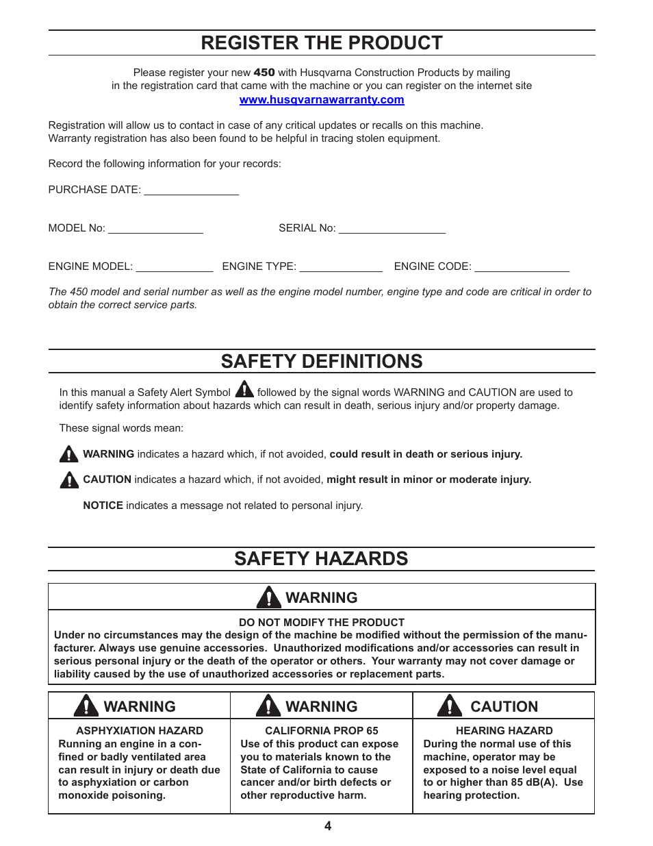 Register the product, Safety definitions, Safety hazards | Caution, Warning | Husqvarna 450 User Manual | Page 4 / 16