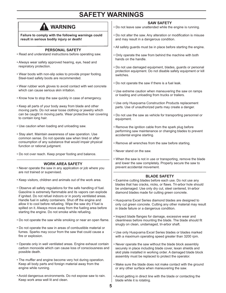 Safety warnings, Warning | Husqvarna 450 User Manual | Page 5 / 16