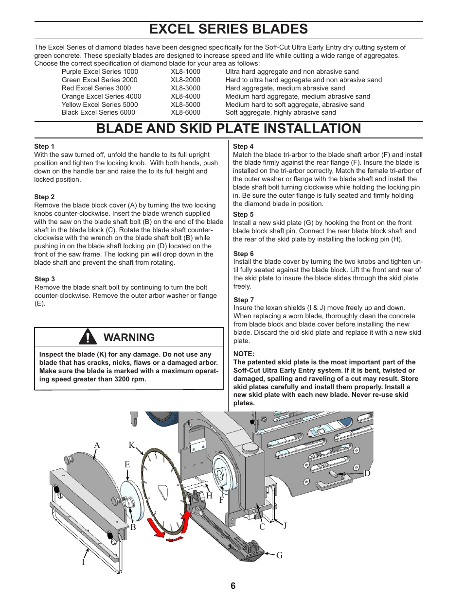 Excel series blades, Blade and skid plate installation, Warning | Husqvarna 450 User Manual | Page 6 / 16