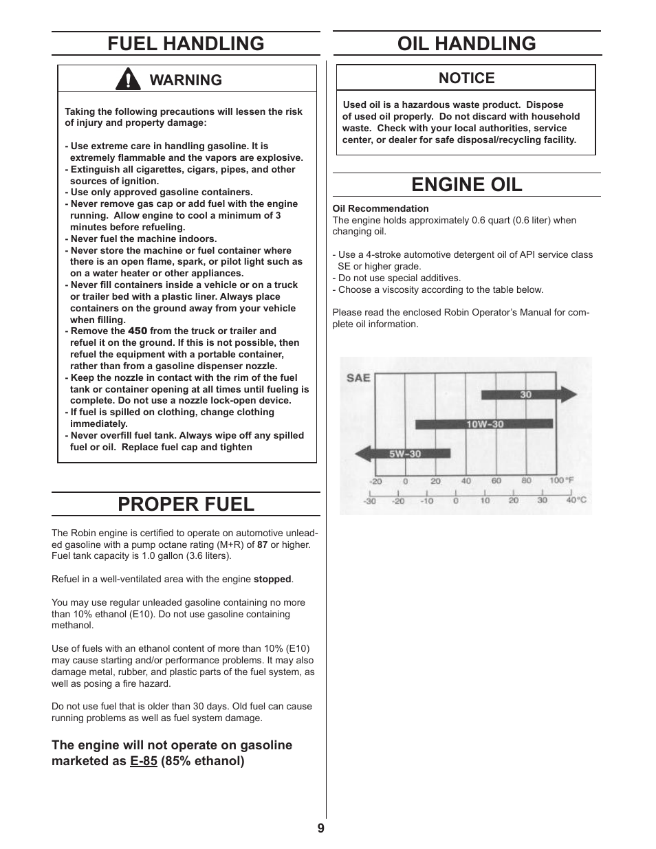 Fuel handling, Proper fuel, Oil handling | Engine oil, Fuel handling proper fuel, Warning, Notice | Husqvarna 450 User Manual | Page 9 / 16