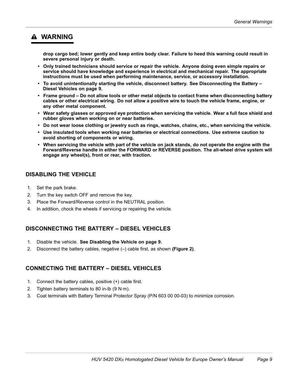 Disabling the vehicle, Disconnecting the battery – diesel vehicles, Connecting the battery – diesel vehicles | Warning | Husqvarna HUV 5420 DXR User Manual | Page 11 / 56