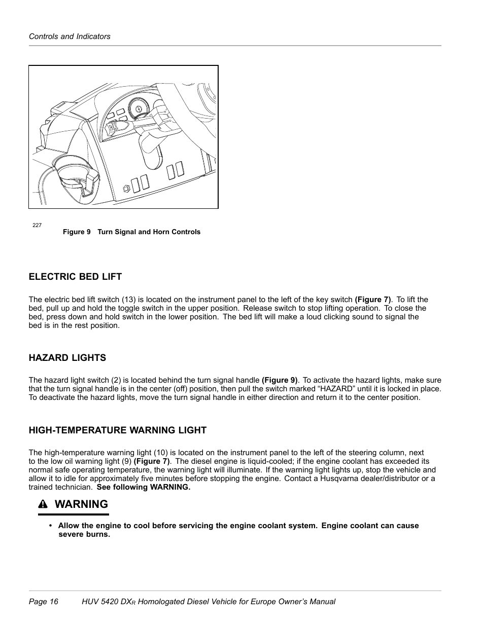 Electric bed lift, Hazard lights, High-temperature warning light | Figure 9), Warning | Husqvarna HUV 5420 DXR User Manual | Page 18 / 56