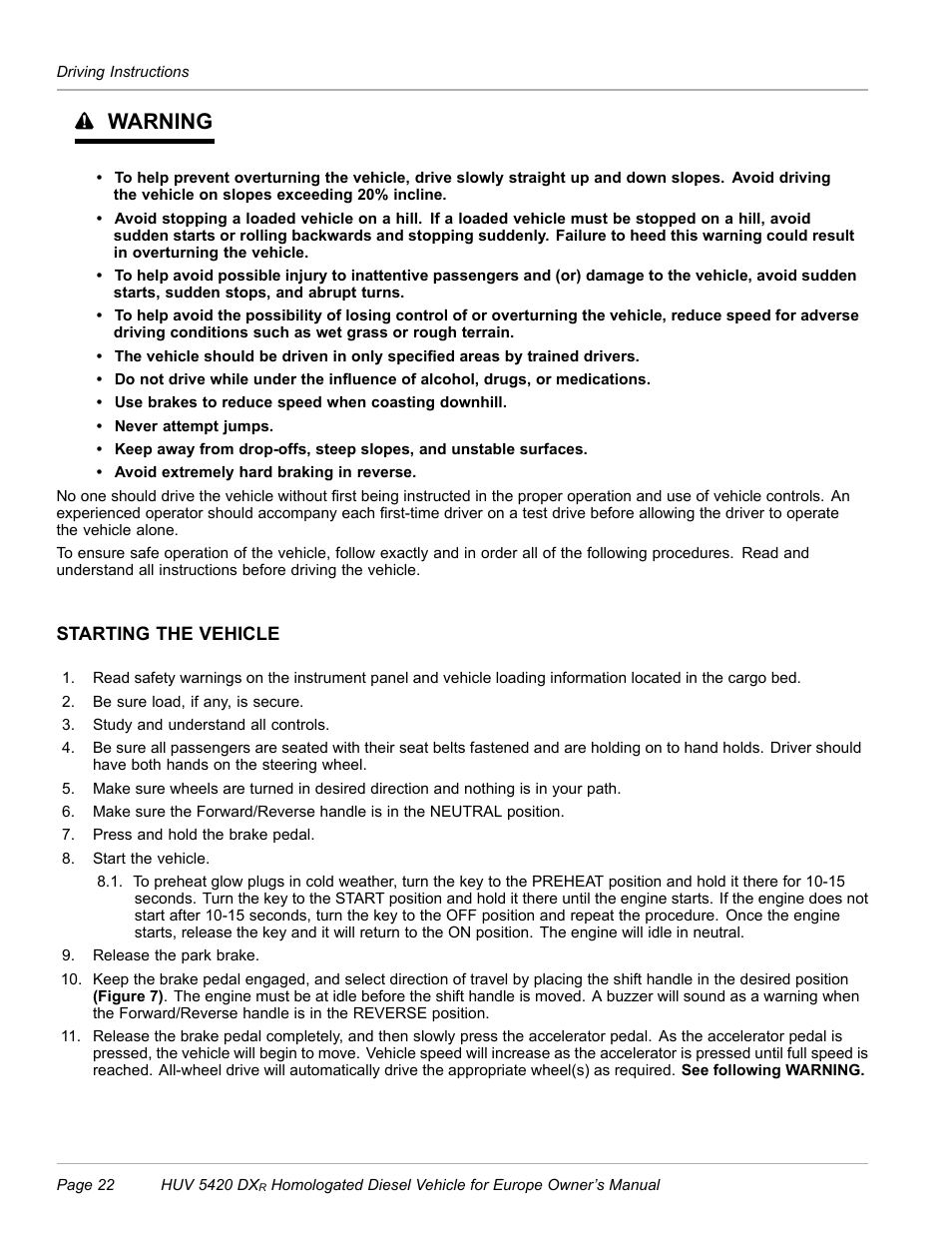 Starting the vehicle, Warning | Husqvarna HUV 5420 DXR User Manual | Page 24 / 56