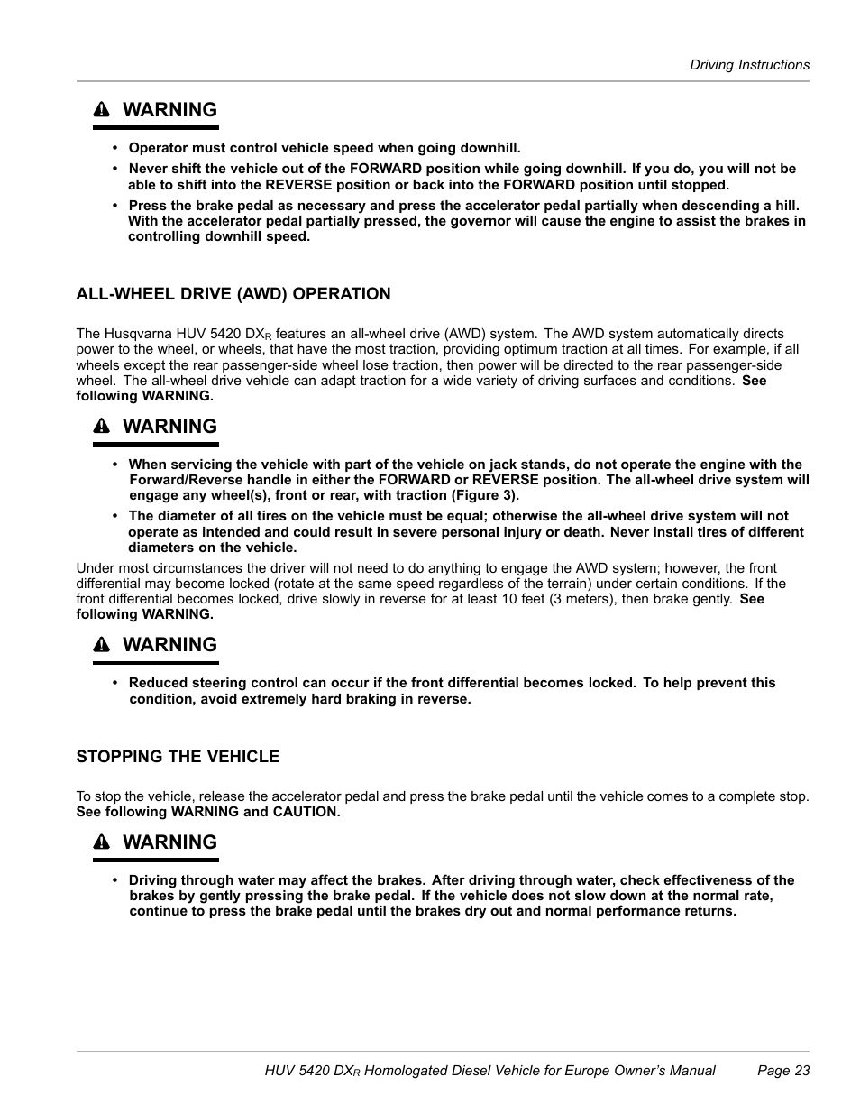 All-wheel drive (awd) operation, Stopping the vehicle, Warning | Husqvarna HUV 5420 DXR User Manual | Page 25 / 56