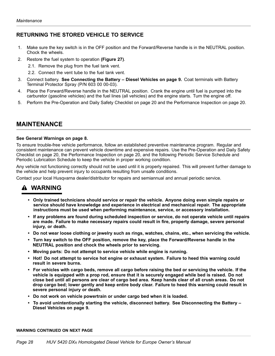 Returning the stored vehicle to service, Maintenance, Warning | Husqvarna HUV 5420 DXR User Manual | Page 30 / 56