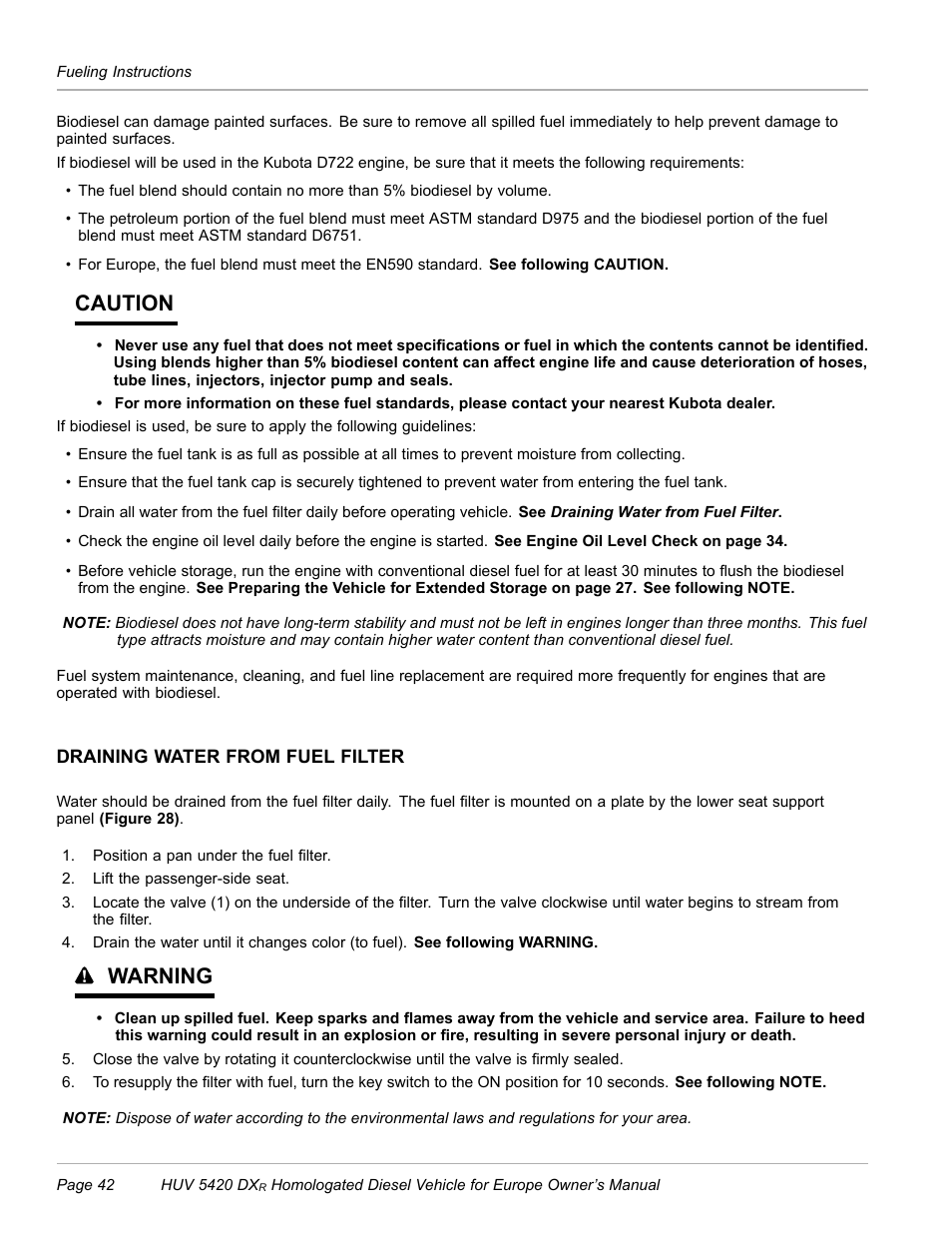 Draining water from fuel filter, See draining, Caution | Warning | Husqvarna HUV 5420 DXR User Manual | Page 44 / 56