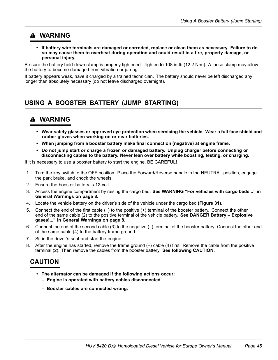 Using a booster battery (jump starting), Warning, Using a booster battery (jump starting) warning | Caution | Husqvarna HUV 5420 DXR User Manual | Page 47 / 56