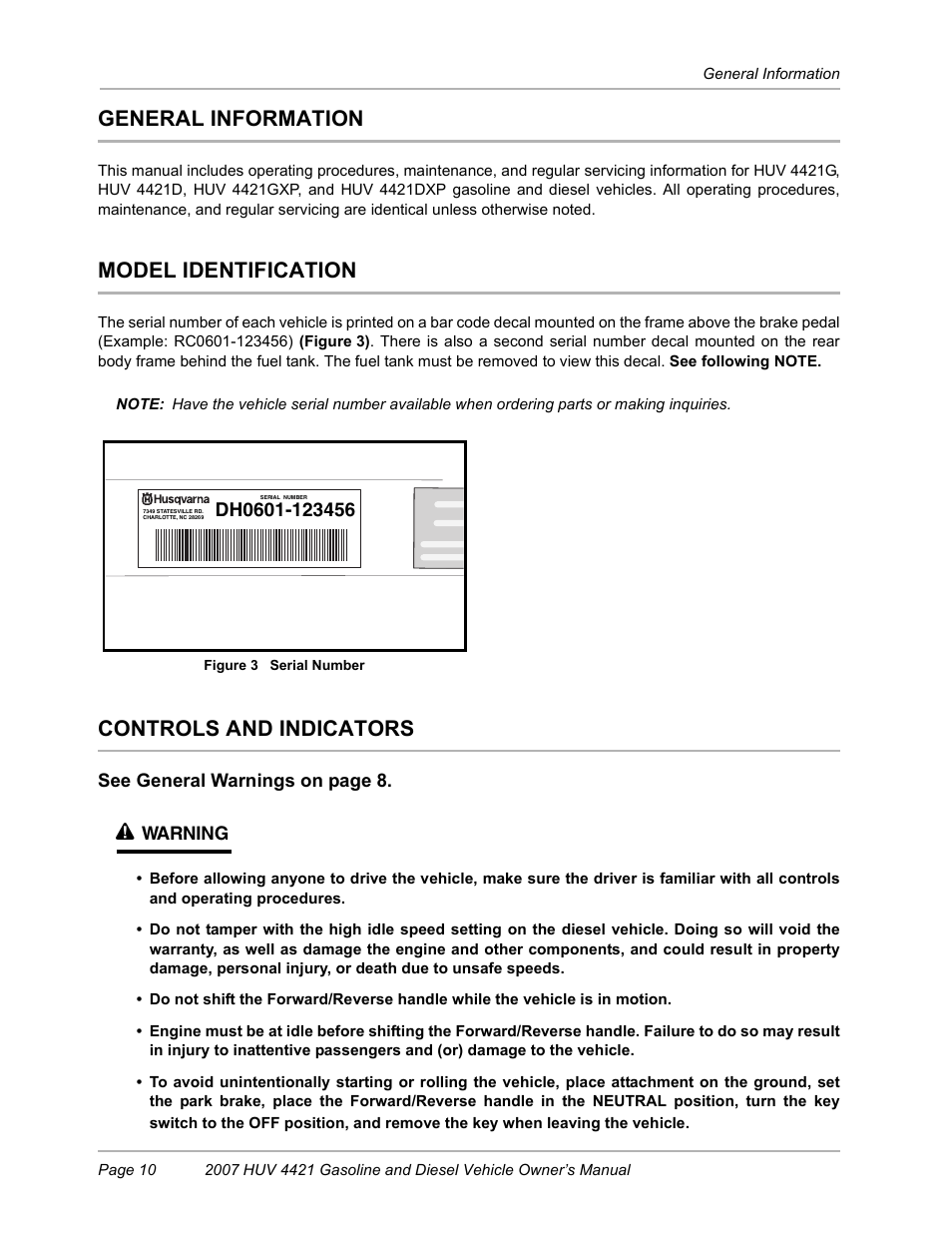 General information, Model identification, Controls and indicators | Husqvarna HUV4421G User Manual | Page 12 / 60