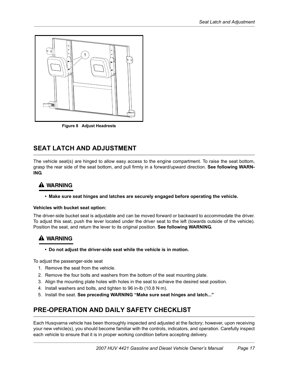 Seat latch and adjustment, Pre-operation and daily safety checklist, Figure 8) | Husqvarna HUV4421G User Manual | Page 19 / 60