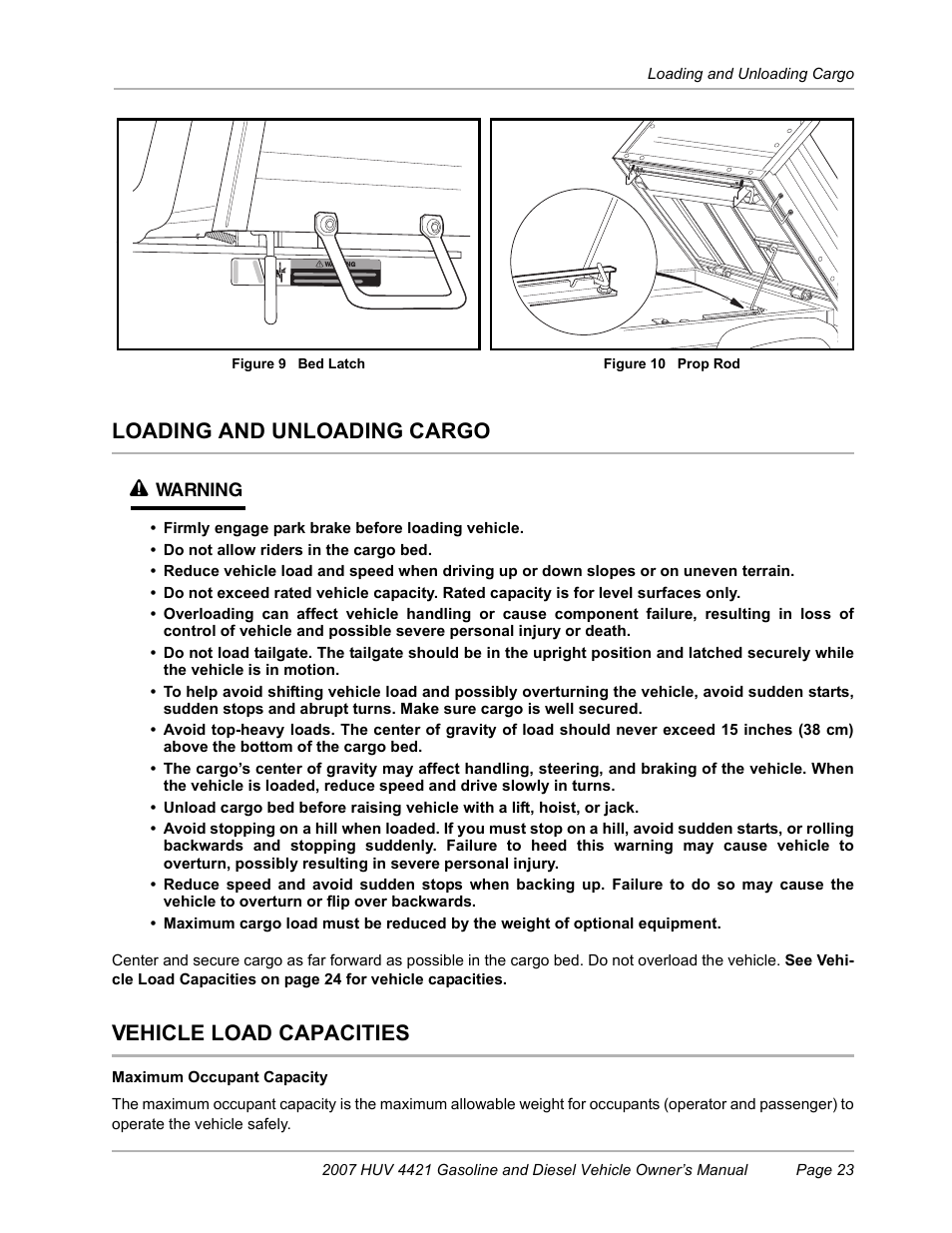 Loading and unloading cargo, Vehicle load capacities, H (figure 9) | Figure 10) as, Figure 10) , un, Loading and unloading cargo ý | Husqvarna HUV4421G User Manual | Page 25 / 60