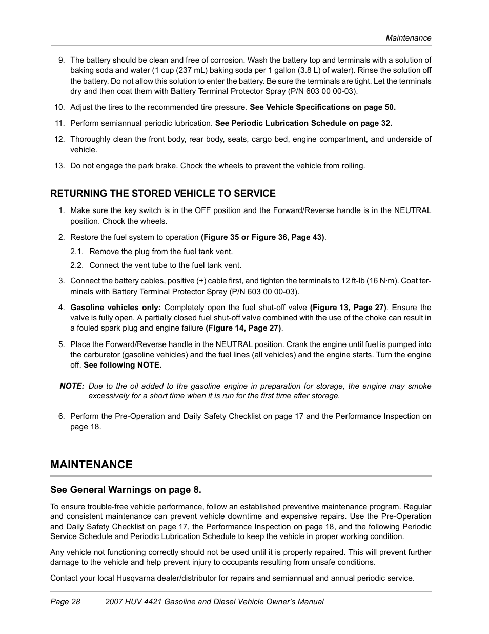 Returning the stored vehicle to service, Maintenance | Husqvarna HUV4421G User Manual | Page 30 / 60