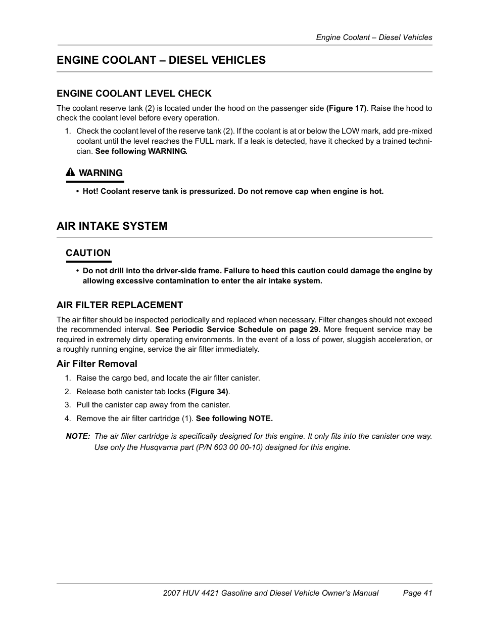 Engine coolant - diesel vehicles, Engine coolant level check, Air intake system | Air filter replacement, Engine coolant – diesel vehicles | Husqvarna HUV4421G User Manual | Page 43 / 60