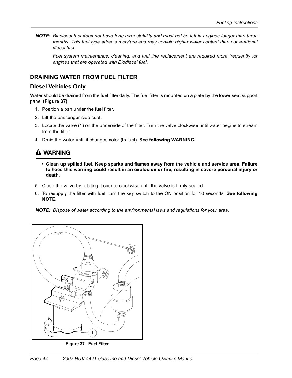 Draining water from fuel filter, Draining water from fuel fil | Husqvarna HUV4421G User Manual | Page 46 / 60