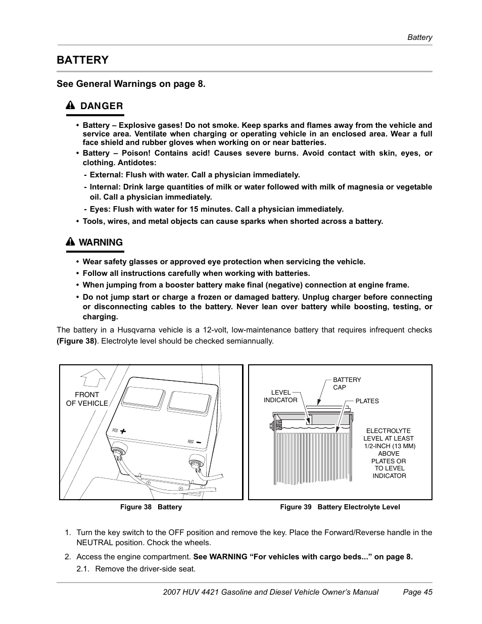 Battery, See general warnings on page 8, Danger | Warning | Husqvarna HUV4421G User Manual | Page 47 / 60