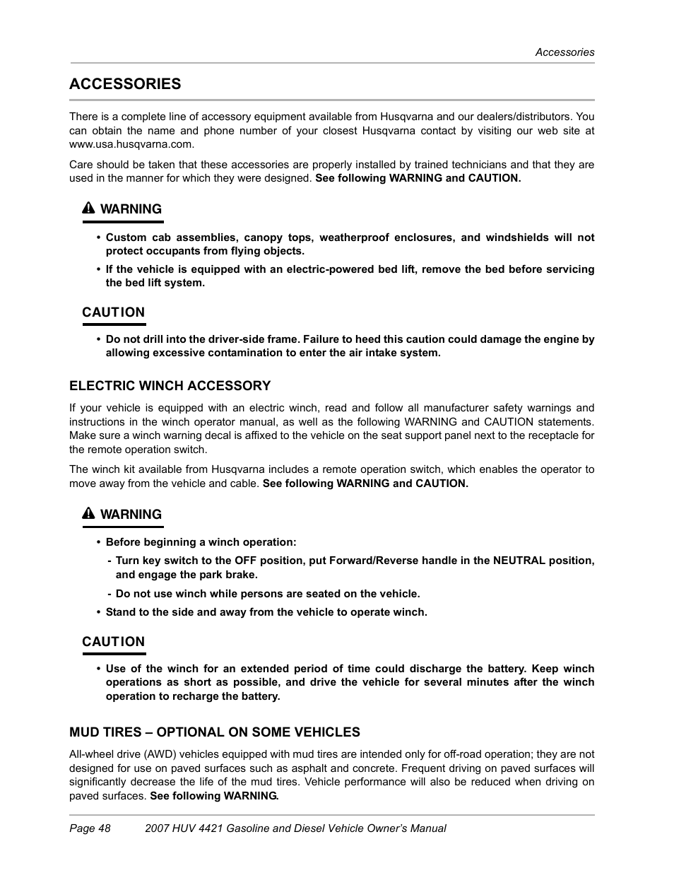 Accessories, Electric winch accessory, Mud tires - optional on some vehicles | Husqvarna HUV4421G User Manual | Page 50 / 60